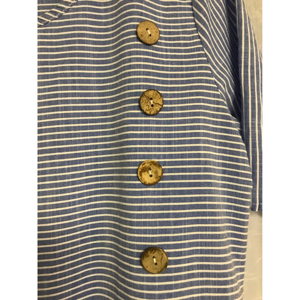 Unbranded Blue White Striped 100% Cotton Midi Dress Short Sleeve Wood Buttons M - Picture 2 of 5